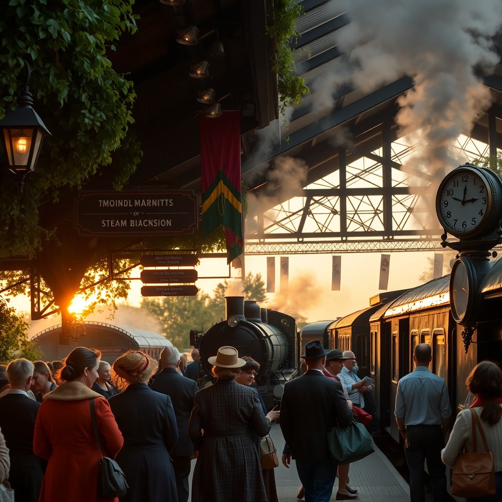 A cozy, bustling train station scene featuring an antique steam locomotive, with passengers in vintage attire waiting on the platform
