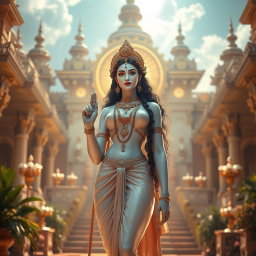 A beautiful divine figure with a radiant, glowing skin that resembles milk, adorned with elegant jewelry around the neck and traditional payal (anklets) on the feet