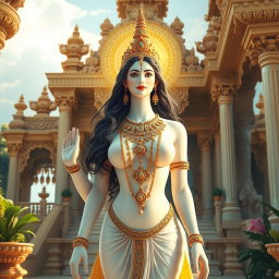 A beautiful divine figure with a radiant, glowing skin that resembles milk, adorned with elegant jewelry around the neck and traditional payal (anklets) on the feet