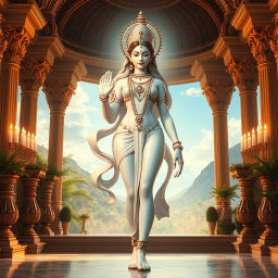 A beautiful divine figure with a radiant, glowing skin that resembles milk, adorned with elegant jewelry around the neck and traditional payal (anklets) on the feet