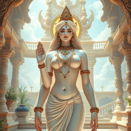 A beautiful divine figure with a radiant, glowing skin that resembles milk, adorned with elegant jewelry around the neck and traditional payal (anklets) on the feet