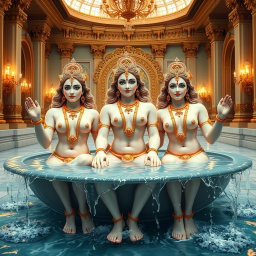 Three beautiful divine figures, each with radiant, glowing skin resembling milk, adorn themselves with elegant jewelry around their necks and traditional payal (anklets) on their feet