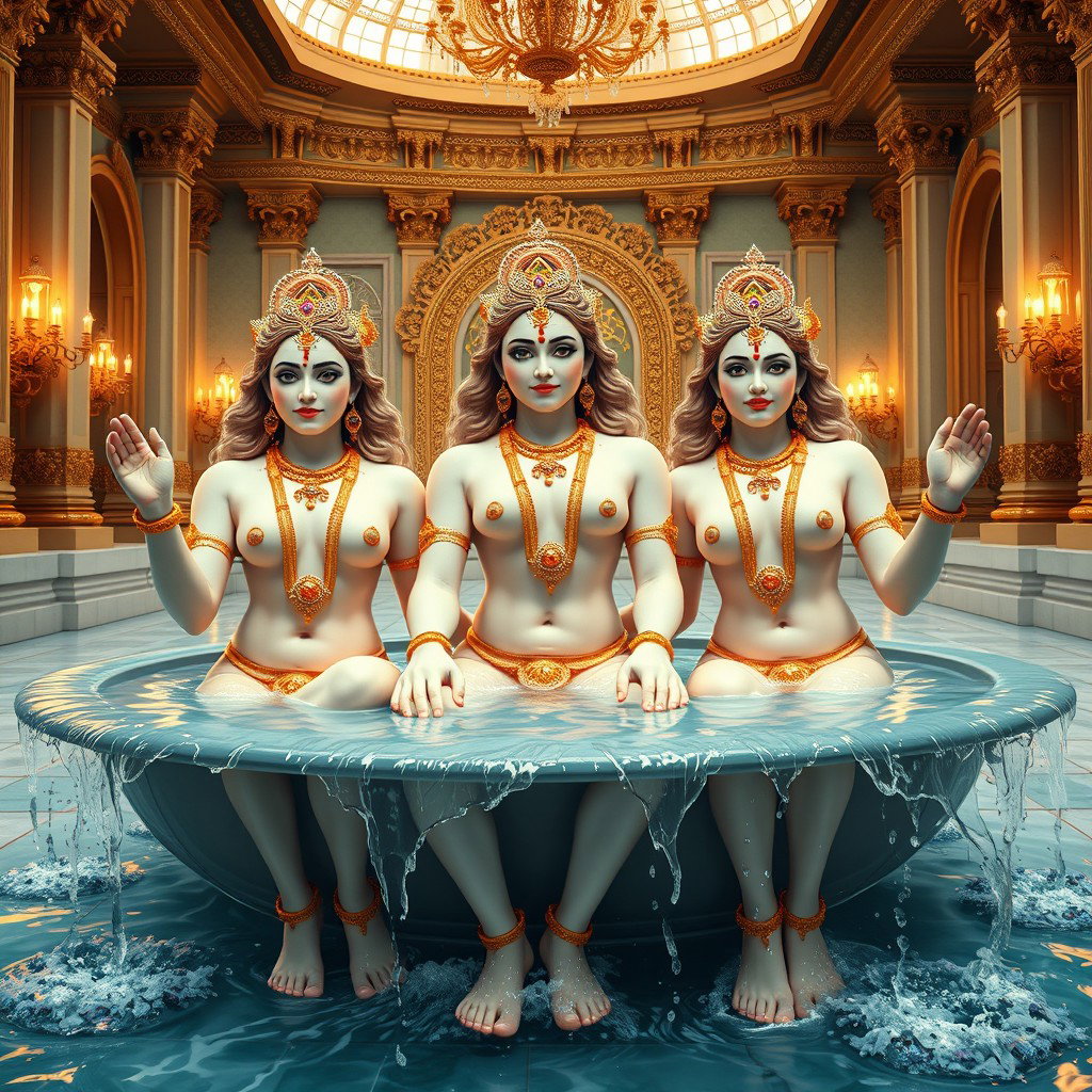 Three beautiful divine figures, each with radiant, glowing skin resembling milk, adorn themselves with elegant jewelry around their necks and traditional payal (anklets) on their feet