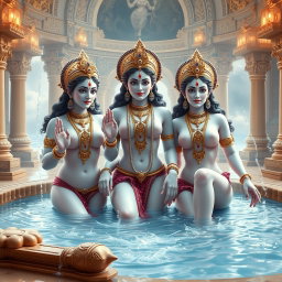 Three beautiful divine figures, each with radiant, glowing skin resembling milk, adorn themselves with elegant jewelry around their necks and traditional payal (anklets) on their feet