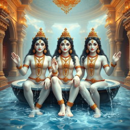 Three beautiful divine figures, each with radiant, glowing skin resembling milk, adorn themselves with elegant jewelry around their necks and traditional payal (anklets) on their feet