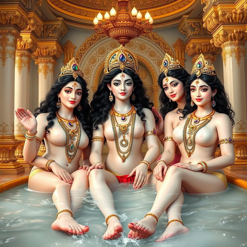 Three beautiful divine figures, each with radiant, glowing skin resembling milk, adorned with elegant jewelry around their necks and traditional payal (anklets) on their feet