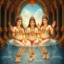Three beautiful divine figures, each with radiant, glowing skin resembling milk, adorned with elegant jewelry around their necks and traditional payal (anklets) on their feet