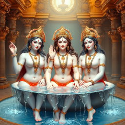 Three beautiful divine figures, each with radiant, glowing skin resembling milk, adorned with elegant jewelry around their necks and traditional payal (anklets) on their feet