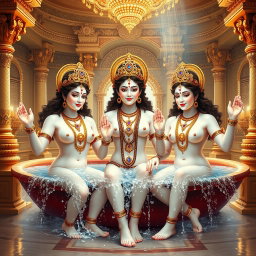 Three beautiful divine figures, each with radiant, glowing skin resembling milk, adorned with elegant jewelry around their necks and traditional payal (anklets) on their feet