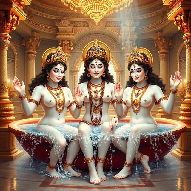 Three beautiful divine figures, each with radiant, glowing skin resembling milk, adorned with elegant jewelry around their necks and traditional payal (anklets) on their feet