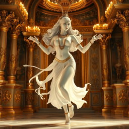 A mesmerizing divine figure with radiant, milk-white skin, gracefully dancing in a magnificent palace in Swarglok