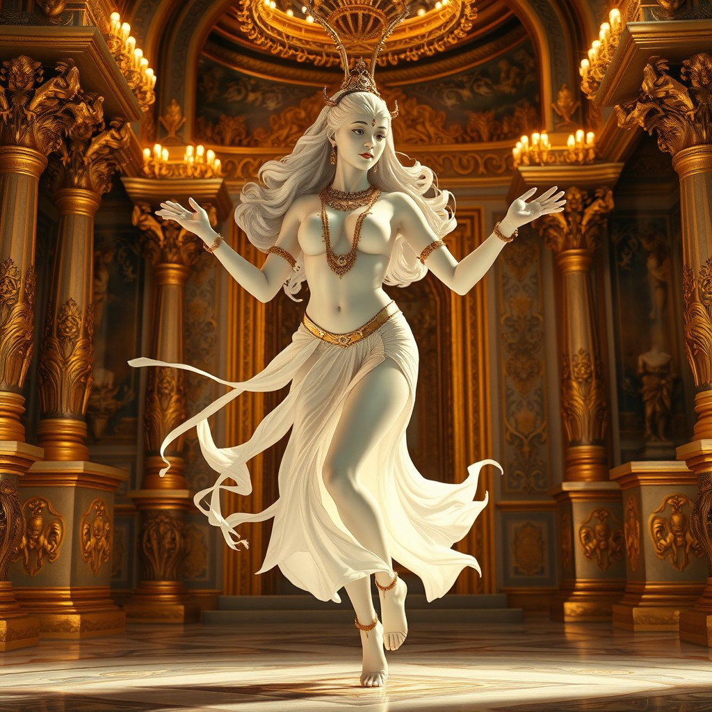 A mesmerizing divine figure with radiant, milk-white skin, gracefully dancing in a magnificent palace in Swarglok
