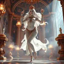 A mesmerizing divine figure with radiant, milk-white skin, gracefully dancing in a magnificent palace in Swarglok