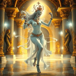 A mesmerizing divine figure with radiant, milk-white skin, gracefully dancing in a magnificent palace in Swarglok