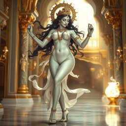 A mesmerizing divine figure with radiant, milk-white skin, gracefully dancing in a magnificent palace in Swarglok