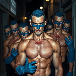 Un grupo de ladrones masculinos, todos con ojos azules penetrantes y cuerpos musculosos, están sin camiseta, mostrando su fuerza y determinación