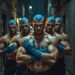 Un grupo de ladrones masculinos, todos con ojos azules penetrantes y cuerpos musculosos, están sin camiseta, mostrando su fuerza y determinación