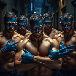 Un grupo de ladrones masculinos, todos con ojos azules penetrantes y cuerpos musculosos, están sin camiseta, mostrando su fuerza y determinación