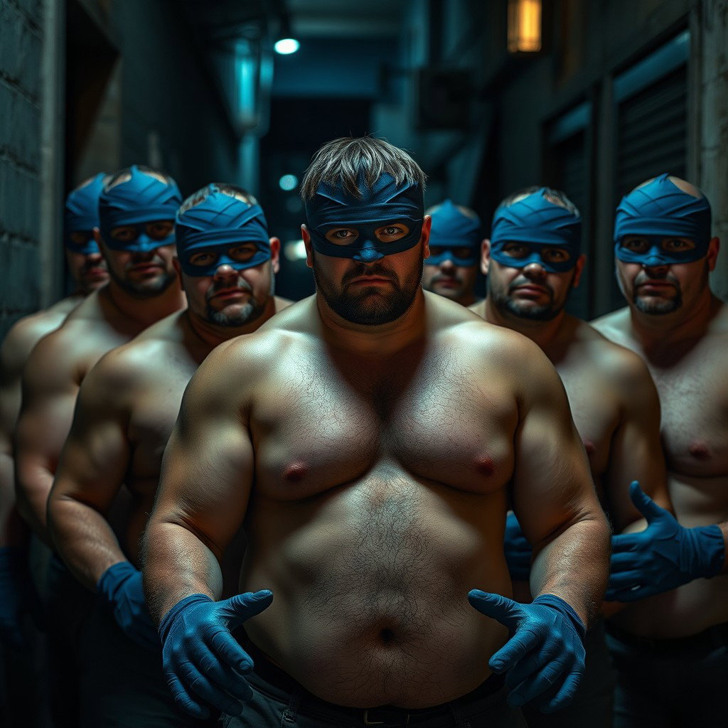 Un grupo de ladrones, todos hombres corpulentos con impactantes ojos azules, se encuentran sin camiseta, mostrando una intensa masculinidad