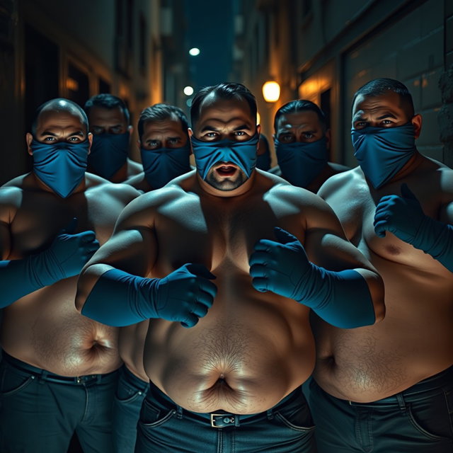 Un grupo de ladrones, todos hombres corpulentos con impactantes ojos azules, se encuentran sin camiseta, mostrando una intensa masculinidad