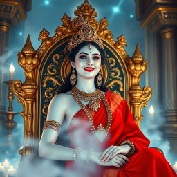 A divine goddess with luminous milk-like skin, beautifully adorned with exquisite jewelry around her neck and delicate payal on her feet