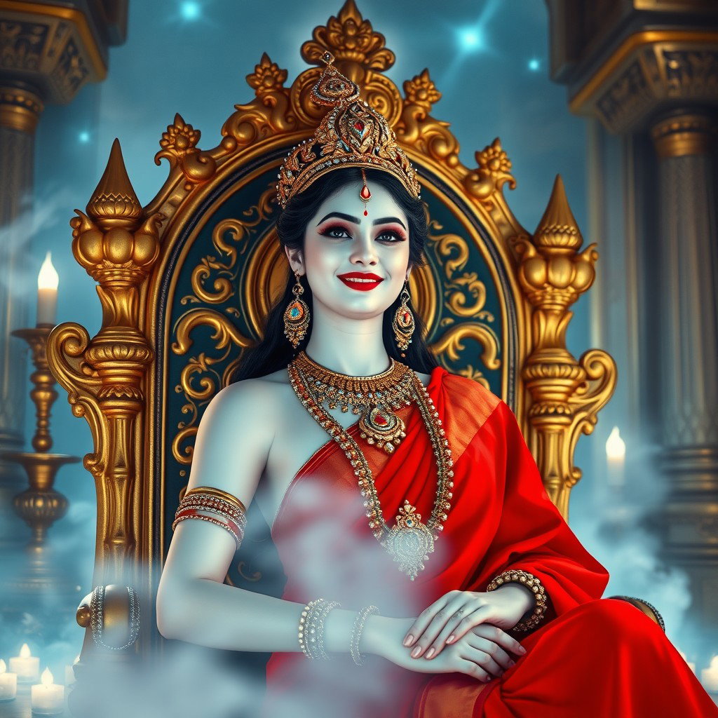 A divine goddess with luminous milk-like skin, beautifully adorned with exquisite jewelry around her neck and delicate payal on her feet