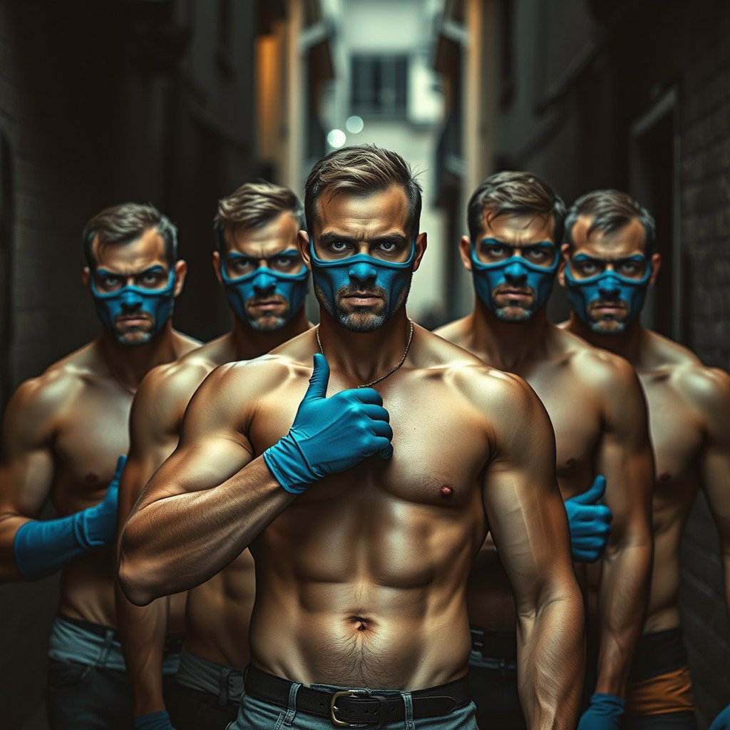 Un grupo de ladrones, todos hombres con intensos ojos azules y cuerpos atléticos, aparecen sin camiseta, mostrando su fuerza y determinación