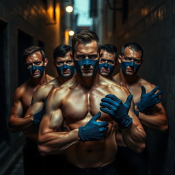 Un grupo de ladrones, todos hombres con intensos ojos azules y cuerpos atléticos, aparecen sin camiseta, mostrando su fuerza y determinación