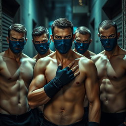Un grupo de ladrones, todos hombres con intensos ojos azules y cuerpos atléticos, aparecen sin camiseta, mostrando su fuerza y determinación