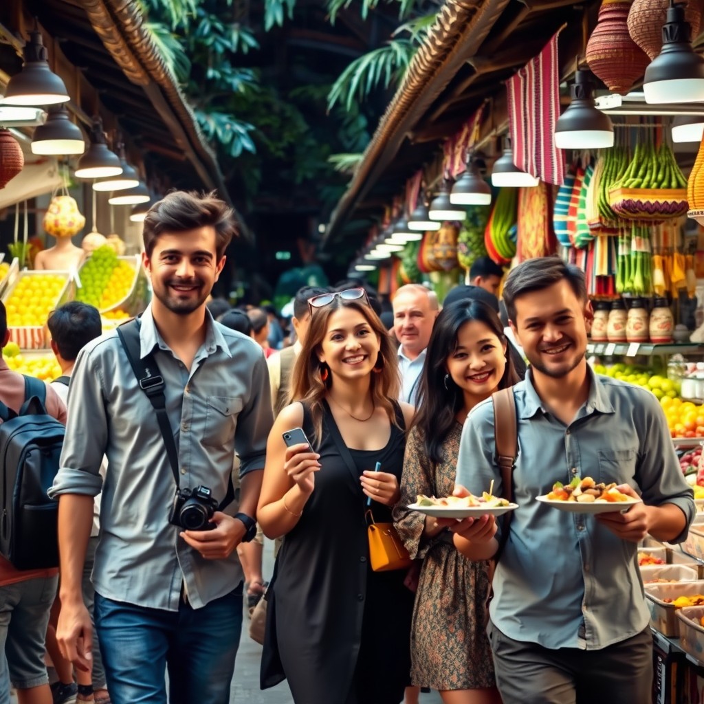A captivating scene of a group of foreigners exploring a vibrant market in an exotic location, filled with colorful stalls brimming with local crafts, fresh fruits, and textiles