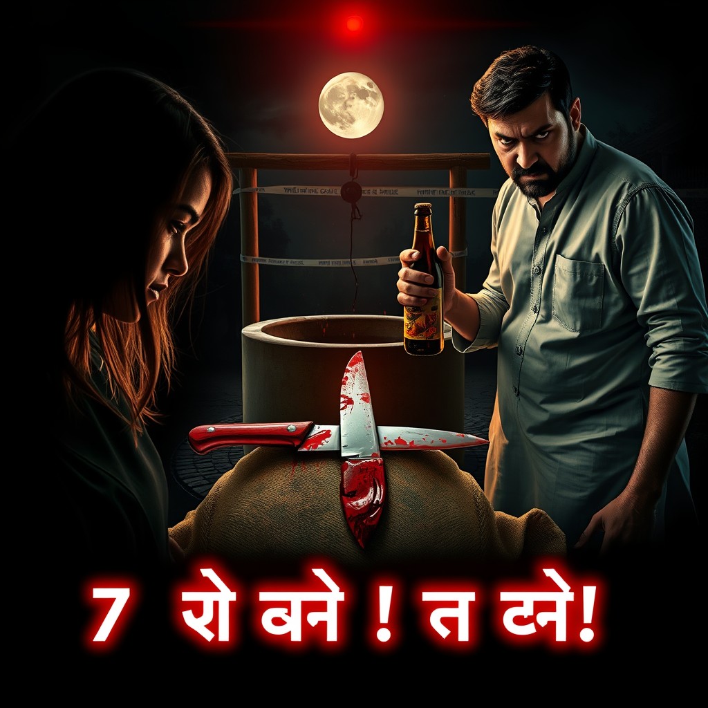 A dark and intense crime scene themed thumbnail featuring a beautiful woman's faint silhouette with long hair on the left side, her face partially obscured by shadows