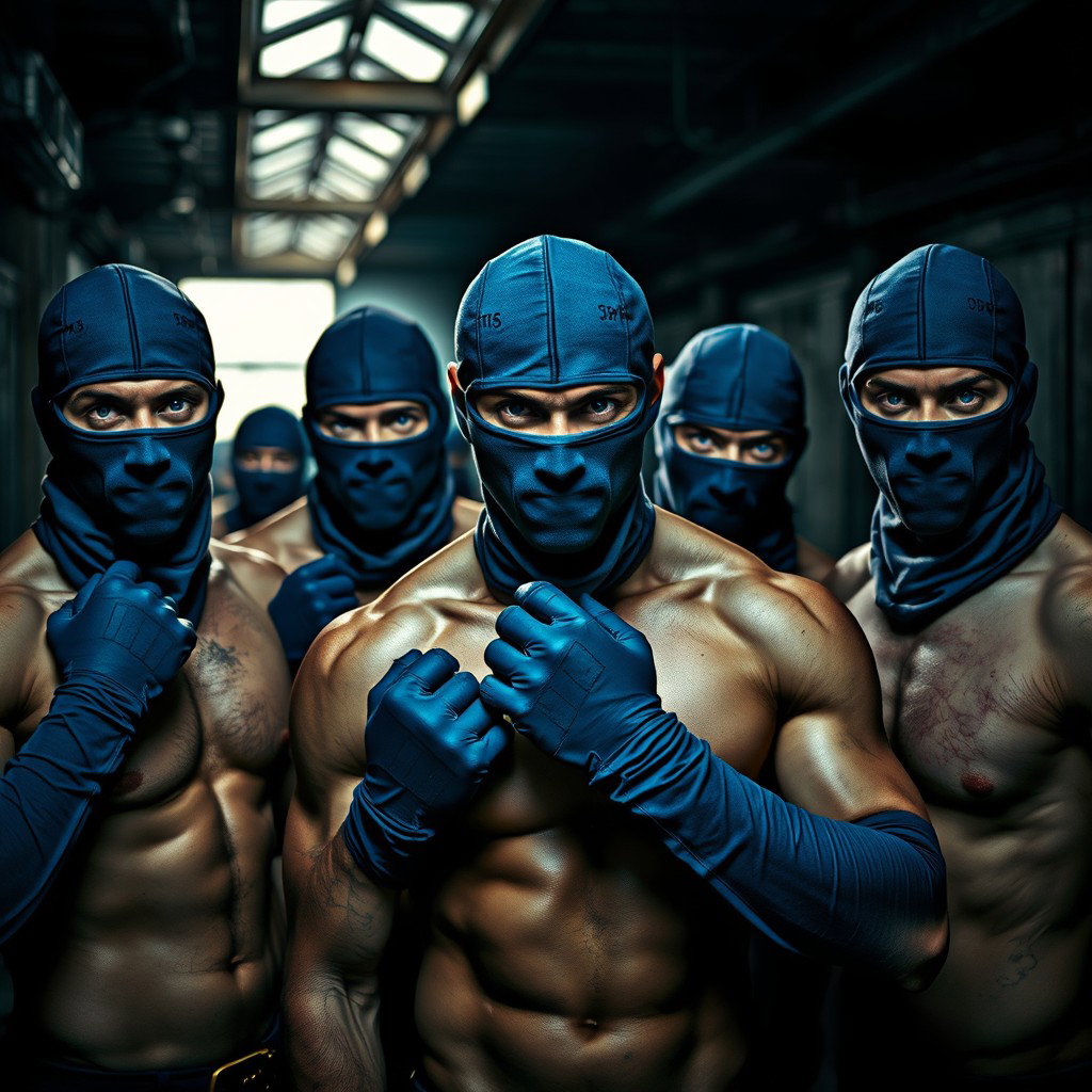 A striking scene depicting a group of male thieves with captivating blue eyes, all shirtless to highlight their muscular builds