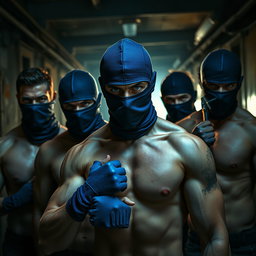 A striking scene depicting a group of male thieves with captivating blue eyes, all shirtless to highlight their muscular builds