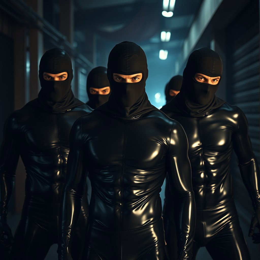 A thrilling scene featuring a group of male thieves dressed in tight-fitting latex outfits that gleam under dim light, showcasing their athletic builds