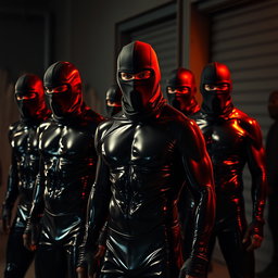 A thrilling scene featuring a group of male thieves dressed in tight-fitting latex outfits that gleam under dim light, showcasing their athletic builds
