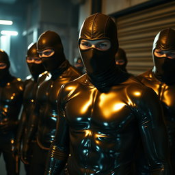 A thrilling scene featuring a group of male thieves dressed in tight-fitting latex outfits that gleam under dim light, showcasing their athletic builds