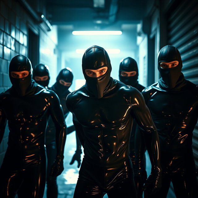 A thrilling scene featuring a group of male thieves dressed in tight-fitting latex outfits that gleam under dim light, showcasing their athletic builds