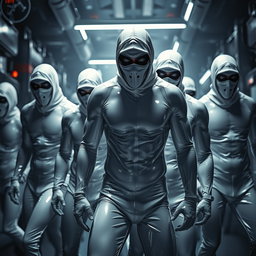 An exciting scene featuring a group of male thieves dressed in sleek white latex suits that cling to their bodies, highlighting their athletic builds