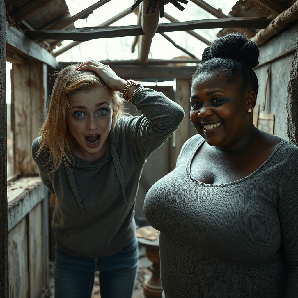 Inside an abandoned, dilapidated shack, a 19-year-old malnourished blonde woman with striking blue eyes is depicted in a state of desperation, with her hands on her head, eyes wide open and staring intensely, her mouth open as if shouting in panic