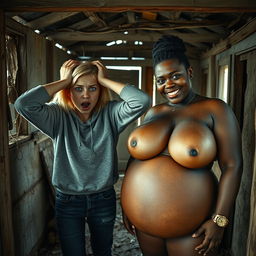 Inside an abandoned, dilapidated shack, a 19-year-old malnourished blonde woman with striking blue eyes is depicted in a state of desperation, with her hands on her head, eyes wide open and staring intensely, her mouth open as if shouting in panic