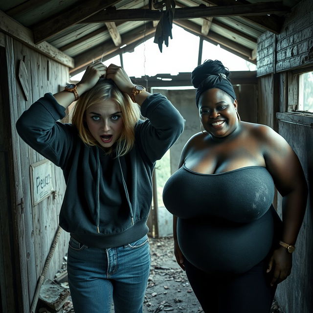 Inside an abandoned, dilapidated shack, a 19-year-old malnourished blonde woman with striking blue eyes is depicted in a state of desperation, with her hands on her head, eyes wide open and staring intensely, her mouth open as if shouting in panic