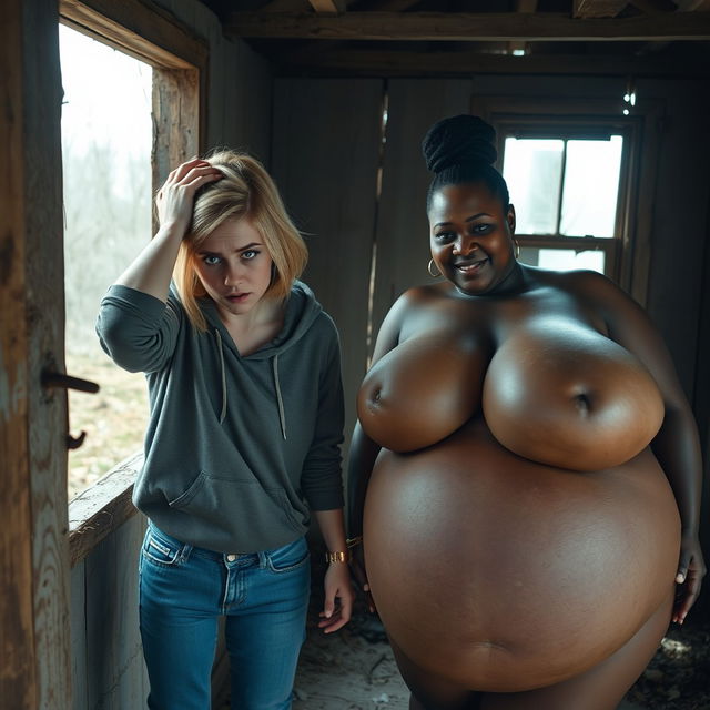 Inside an abandoned, rundown shack, a 19-year-old malnourished blonde woman with striking blue eyes is depicted holding her head in despair, her eyes wide and expressive, appearing frantic