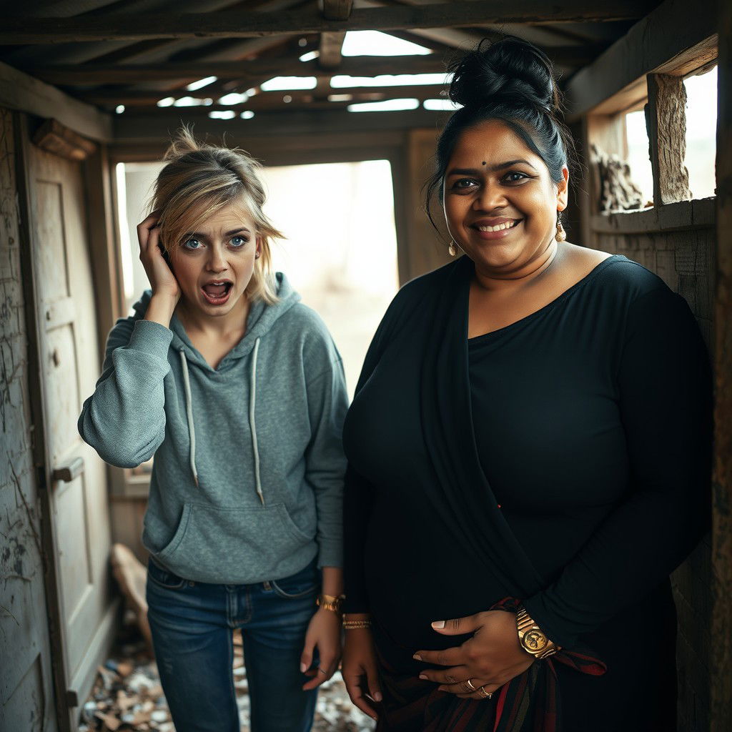 Inside an abandoned, dilapidated shack, a 19-year-old malnourished blonde woman with striking blue eyes is depicted holding her head in despair, her eyes wide and expressive, appearing frantic