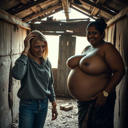 Inside an abandoned, dilapidated shack, a 19-year-old malnourished blonde woman with striking blue eyes is depicted holding her head in despair, her eyes wide and expressive, appearing frantic