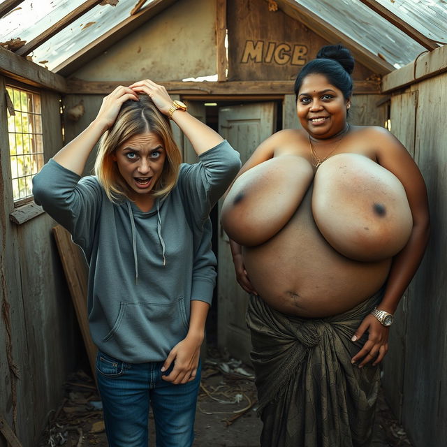 Inside an abandoned, dilapidated shack, a 19-year-old malnourished blonde woman with striking blue eyes is depicted holding her head in despair, her eyes wide and expressive, appearing frantic