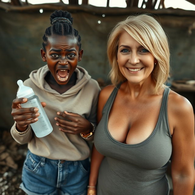 In an abandoned poor shack, a 19-year-old malnourished African woman with very dark skin holds a baby bottle