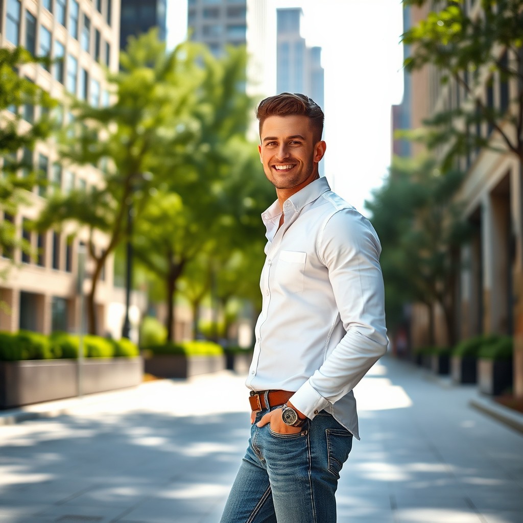 A handsome male figure standing confidently in a modern urban setting, showcasing a stylish outfit with a crisp white shirt and fitted jeans