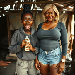 In an abandoned poor shack, a 19-year-old malnourished African woman with very dark skin holds a baby bottle, her eyes wide in an expression of panic as she opens her mouth in a crazed scream