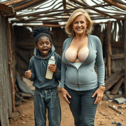 In an abandoned poor shack, a 19-year-old malnourished African woman with very dark skin holds a baby bottle, her eyes wide open in a wild scream