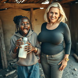 In an abandoned poor shack, a 19-year-old malnourished African woman with very dark skin holds a baby bottle, her eyes wide open in a wild scream